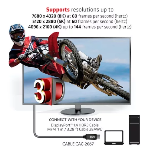 Club 3D Kábel - CAC-2067 (DisplayPort 1.4, HBR3, 8K60Hz, 1m, M/M, VESA minősítés)