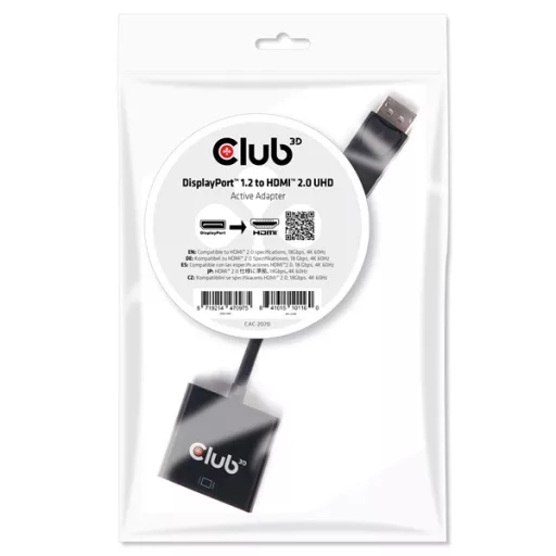 Club 3D Átalakító - CAC-2070 (DisplayPort 1.2 to HDMI 2.0, 4K60Hz UHD, Aktív, 3D támogatás)