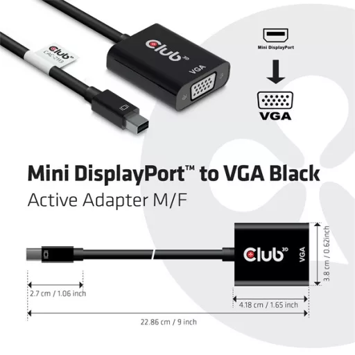 Club 3D Átalakító - CAC-2113 (Mini DisplayPor 1.1a to VGA, fekete, aktív, 1920x1200@60Hz, kompatibilis AMD/Nvidia/Intel)