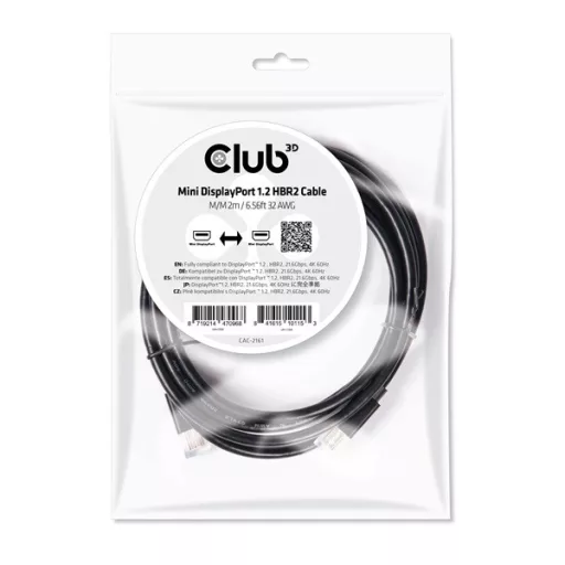 Club 3D Kábel - CAC-2161 (Mini DisplayPort 1.2 M/M, 4K60Hz, HBR2, 2m)