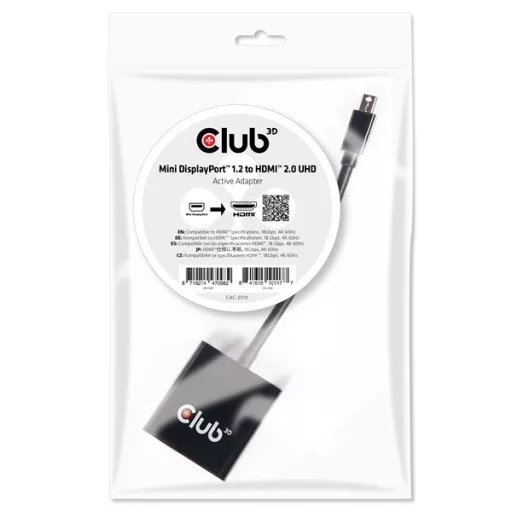 Club 3D Átalakító - CAC-2170 (Mini DisplayPort 1.2 to HDMI 2.0, 4K60Hz, UHD, 3D aktív átalakító)