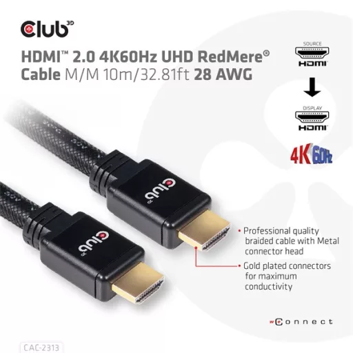 Club 3D Kábel - CAC-2313 (HDMI 2.0, 4K60Hz, M/M, 10m, RedMere, Uni-directional)