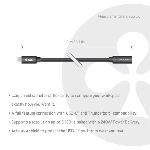 Club 3D Kábel - CAC-2502 (USB-C to USB-C, M/F, 40Gbps, 8K60Hz, 240W, DP 1.4 Alternate Mode, 1m)