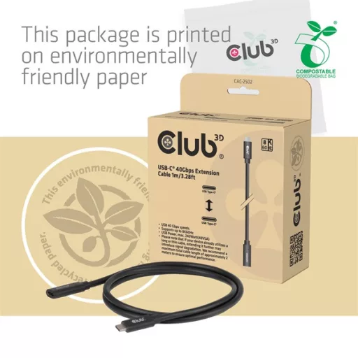 Club 3D Kábel - CAC-2502 (USB-C to USB-C, M/F, 40Gbps, 8K60Hz, 240W, DP 1.4 Alternate Mode, 1m)