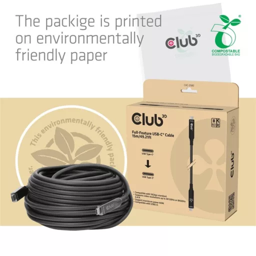 Club 3D Kábel - CAC-2580 (USB-C to USB-C, M/M, AOC kábel, 8K60Hz, 10Gbps, 60W, 15m)