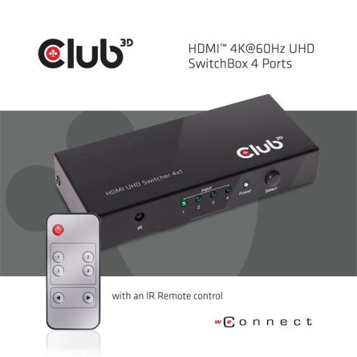 Club 3D Switch - CSV-1370 (HDMI 2.0, 4K60HZ, 4 Port, IR távvezérlővel)