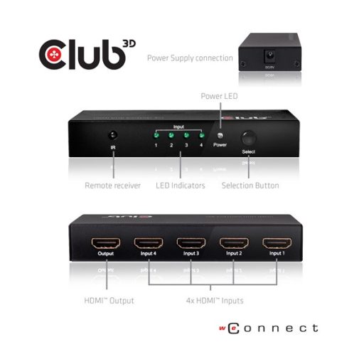 Club 3D Switch - CSV-1370 (HDMI 2.0, 4K60HZ, 4 Port, IR távvezérlővel)