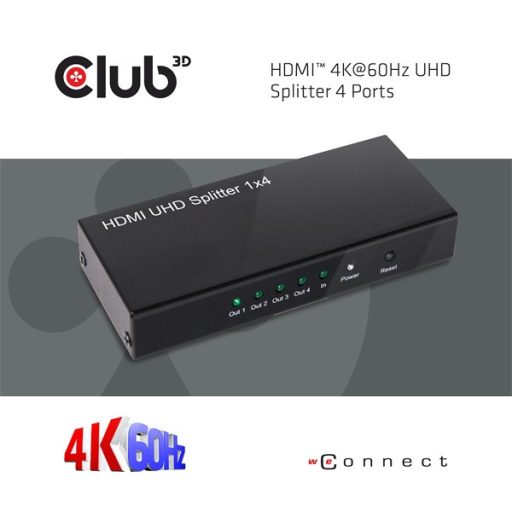 Club 3D Splitter - CSV-1380 (HDMI 2.0, 4K@60Hz UHD, 4 port, 3D támogatás, HDCP 1.4/2.2)