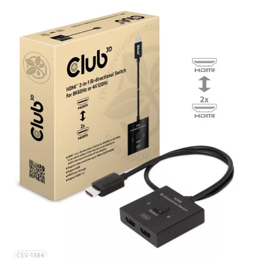 Club 3D Switch - CSV-1384 (HDMI 2-az-1-ben, Kétirányú, 8K60Hz/4K120Hz, HDR, HDMI 2.1)