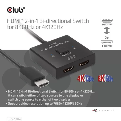 Club 3D Switch - CSV-1384 (HDMI 2-az-1-ben, Kétirányú, 8K60Hz/4K120Hz, HDR, HDMI 2.1)