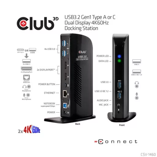 Club 3D Notebook Dokkoló - CSV-1460 (4K60HZ DUAL DISPLAY, 3.1 USB-A to 2x DP, 6x USB3.2, RJ45, 3.5 Jack Audio + Mic)