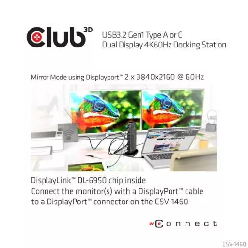 Club 3D Notebook Dokkoló - CSV-1460 (4K60HZ DUAL DISPLAY, 3.1 USB-A to 2x DP, 6x USB3.2, RJ45, 3.5 Jack Audio + Mic)