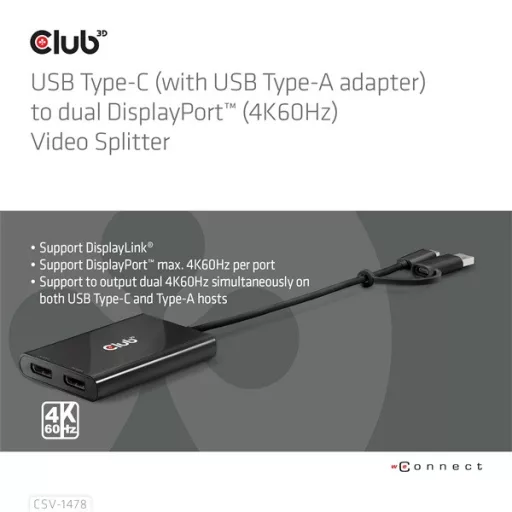 Club 3D Video Splitter - CSV-1478 (4K60HZ, 3.2 USB-C (USB-A adapterrel) to 2xDisplayPort)