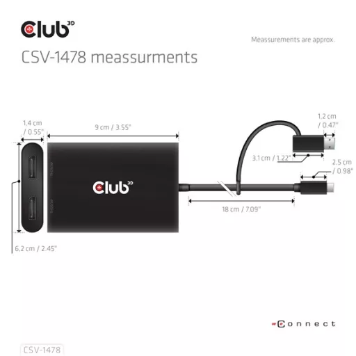 Club 3D Video Splitter - CSV-1478 (4K60HZ, 3.2 USB-C (USB-A adapterrel) to 2xDisplayPort)