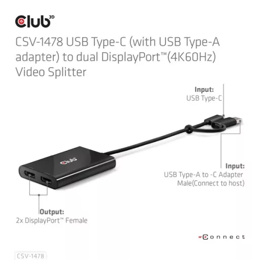 Club 3D Video Splitter - CSV-1478 (4K60HZ, 3.2 USB-C (USB-A adapterrel) to 2xDisplayPort)