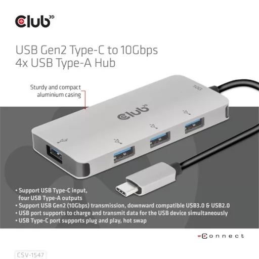 Club 3D USB Hub - CSV-1547 (USB-C Gen 2 to 4xUSB-A 10 Gbps)