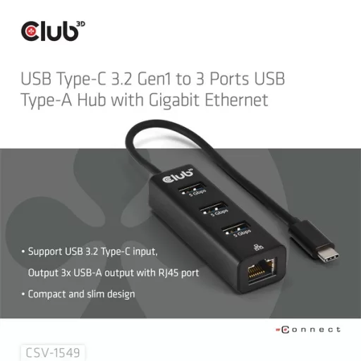 Club 3D USB Hub - CSV-1549 (3.2 USB-C Gen 1 to 3xUSB-A, RJ45,1Gbps)
