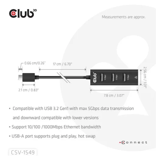 Club 3D USB Hub - CSV-1549 (3.2 USB-C Gen 1 to 3xUSB-A, RJ45,1Gbps)