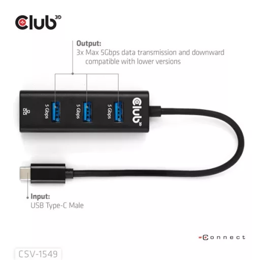 Club 3D USB Hub - CSV-1549 (3.2 USB-C Gen 1 to 3xUSB-A, RJ45,1Gbps)