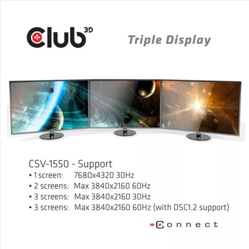 Club 3D MST Hub - CSV-1550 (3.2 USB-C Gen 1 to 3x Displayport, Alternate Mode, 4K60Hz, HDR)