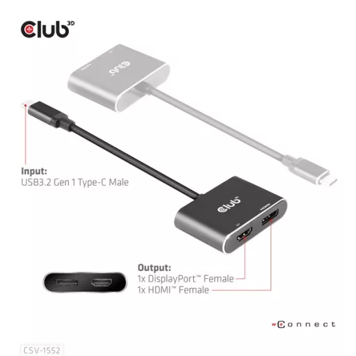 Club 3D USB Hub - CSV-1552 (3.2 USB-C Gen 1 to DisplayPort, HDMI, 4k60Hz)