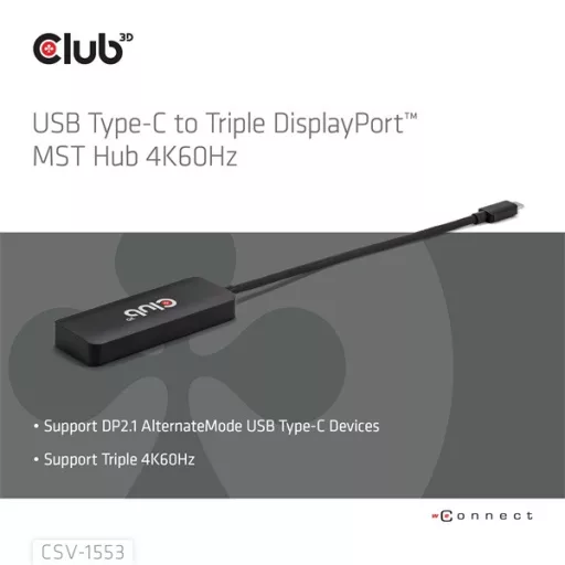 Club 3D USB Hub - CSV-1553 (3.2 USB-C with DP Alt-Mode to 3xDisplayPort, 4k60Hz)