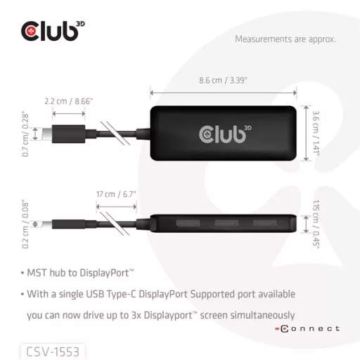 Club 3D USB Hub - CSV-1553 (3.2 USB-C with DP Alt-Mode to 3xDisplayPort, 4k60Hz)