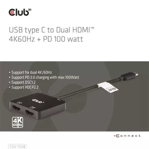 Club 3D USB Hub - CSV-1558 (3.2 USB-C to 2xHDMI, USB-C 100W PD3.0, 4k60Hz)