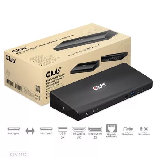 Club 3D Notebook Dokkoló - CSV-1562 (60W, 3.2 USB-C to 3xHDMI, 2x DP, 6x 3.2 USB-A, RJ45. 3,5 Jack)
