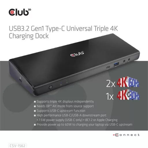 Club 3D Notebook Dokkoló - CSV-1562 (60W, 3.2 USB-C to 3xHDMI, 2x DP, 6x 3.2 USB-A, RJ45. 3,5 Jack)