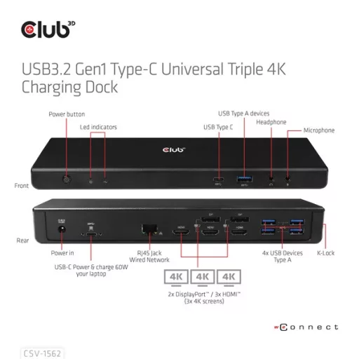 Club 3D Notebook Dokkoló - CSV-1562 (60W, 3.2 USB-C to 3xHDMI, 2x DP, 6x 3.2 USB-A, RJ45. 3,5 Jack)