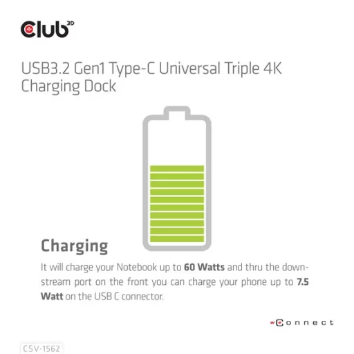 Club 3D Notebook Dokkoló - CSV-1562 (60W, 3.2 USB-C to 3xHDMI, 2x DP, 6x 3.2 USB-A, RJ45. 3,5 Jack)