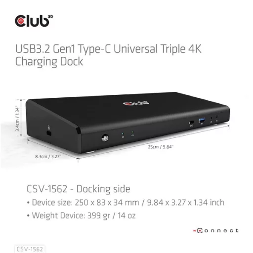 Club 3D Notebook Dokkoló - CSV-1562 (60W, 3.2 USB-C to 3xHDMI, 2x DP, 6x 3.2 USB-A, RJ45. 3,5 Jack)