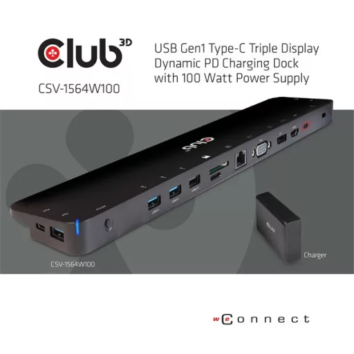 Club 3D Notebook Dokkoló - CSV-1564W100 (100W, 3.2 USB-C to 3xUSB-A 3.2, 5x USB-A,HDMI, PD, VGA, RJ45, SD, Micro SD, 3,5