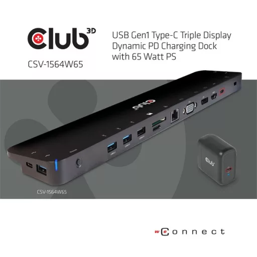 Club 3D Notebook Dokkoló - CSV-1564W65 (65W, 3.2 USB-C to 2xUSB-C, 5x USB-A,HDMI, PD, VGA, RJ45, SD, Micro SD, 3,5 Jack)