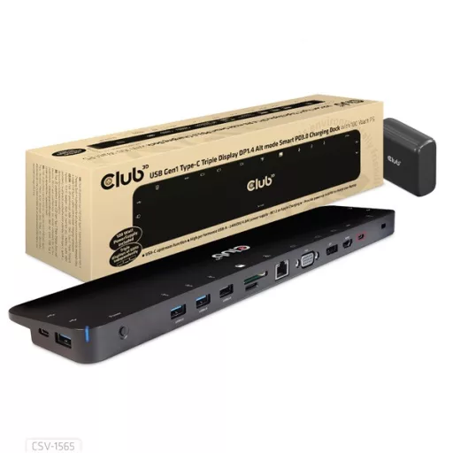 Club 3D Notebook Dokkoló - CSV-1565 (100W, USB-C to 5xUSB-A Gen 1, 2x USB-A 2.0, HDMI, DP,VGA, RJ45, Micro SD, 3,5 Jack)