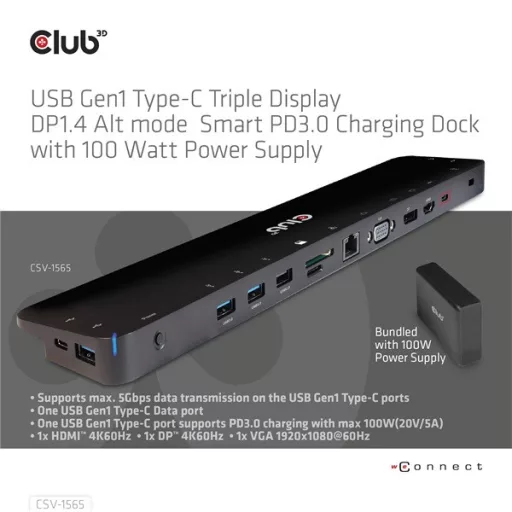 Club 3D Notebook Dokkoló - CSV-1565 (100W, USB-C to 5xUSB-A Gen 1, 2x USB-A 2.0, HDMI, DP,VGA, RJ45, Micro SD, 3,5 Jack)