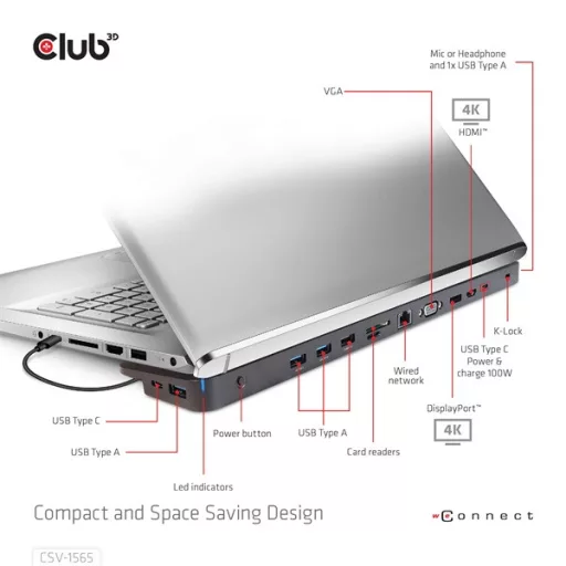 Club 3D Notebook Dokkoló - CSV-1565 (100W, USB-C to 5xUSB-A Gen 1, 2x USB-A 2.0, HDMI, DP,VGA, RJ45, Micro SD, 3,5 Jack)