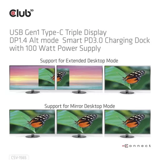 Club 3D Notebook Dokkoló - CSV-1565 (100W, USB-C to 5xUSB-A Gen 1, 2x USB-A 2.0, HDMI, DP,VGA, RJ45, Micro SD, 3,5 Jack)