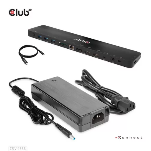 Club 3D Notebook Dokkoló - CSV-1566 (120W, USB-C to 5x USB-A Gen 1, USB-C  Gen 1, 2xHDMI, DP, RJ45, SD.TF. 3,5 Jack, DC)