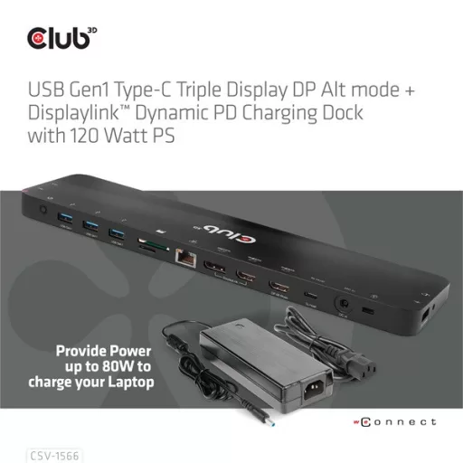 Club 3D Notebook Dokkoló - CSV-1566 (120W, USB-C to 5x USB-A Gen 1, USB-C  Gen 1, 2xHDMI, DP, RJ45, SD.TF. 3,5 Jack, DC)