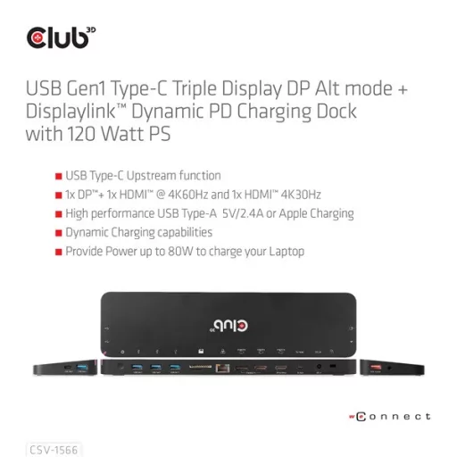 Club 3D Notebook Dokkoló - CSV-1566 (120W, USB-C to 5x USB-A Gen 1, USB-C  Gen 1, 2xHDMI, DP, RJ45, SD.TF. 3,5 Jack, DC)