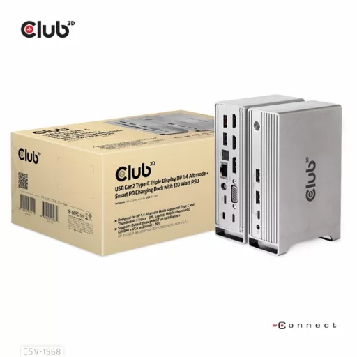 Club 3D Notebook Dokkoló - CSV-1568 (120W, Gen 2 USB-C to 4x USB-A, USB-C Gen 2, 2xHDMI, DP, VGA, RJ45, DC)