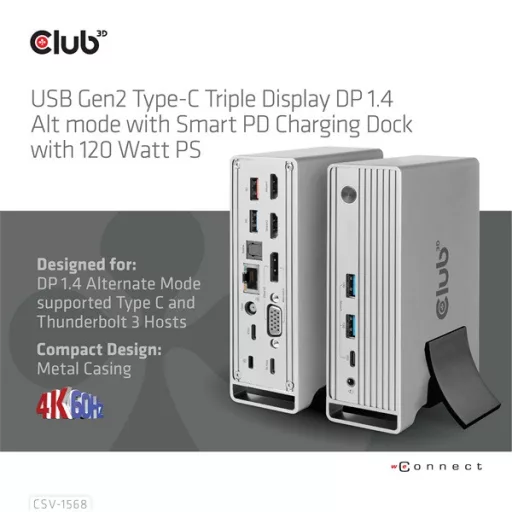 Club 3D Notebook Dokkoló - CSV-1568 (120W, Gen 2 USB-C to 4x USB-A, USB-C Gen 2, 2xHDMI, DP, VGA, RJ45, DC)