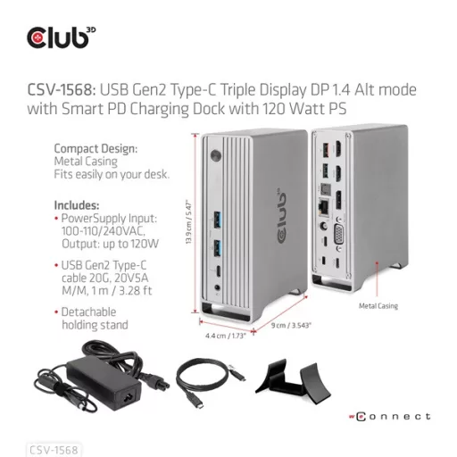 Club 3D Notebook Dokkoló - CSV-1568 (120W, Gen 2 USB-C to 4x USB-A, USB-C Gen 2, 2xHDMI, DP, VGA, RJ45, DC)