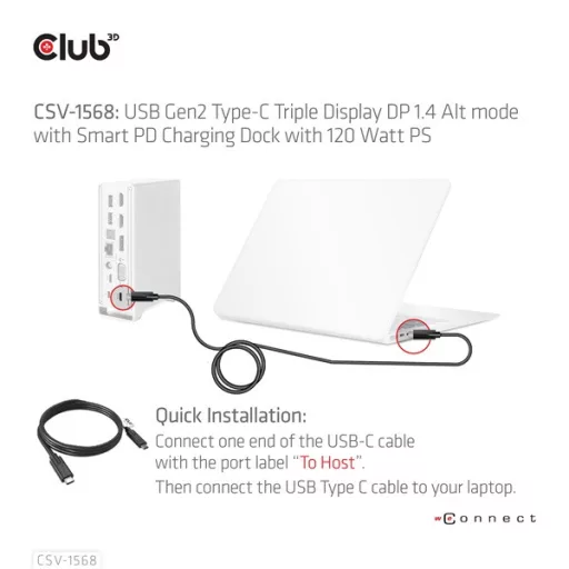 Club 3D Notebook Dokkoló - CSV-1568 (120W, Gen 2 USB-C to 4x USB-A, USB-C Gen 2, 2xHDMI, DP, VGA, RJ45, DC)