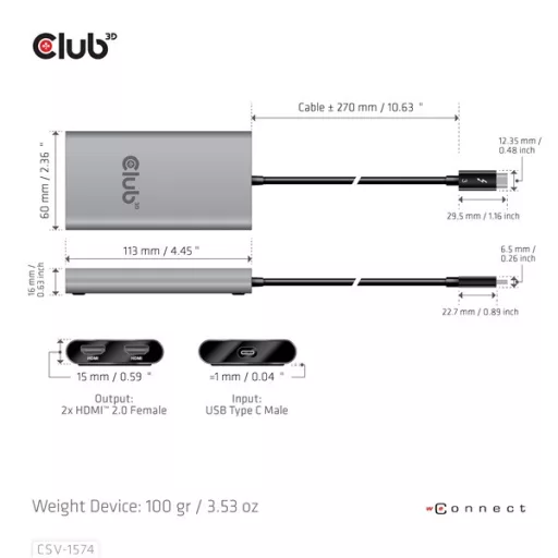 Club 3D Video Splitter - CSV-1574 (Thunderbolt 3 to Dual HDMI 2.0, 4K60Hz)