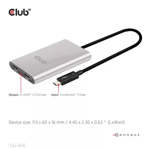 Club 3D Video Splitter - CSV-1574 (Thunderbolt 3 to Dual HDMI 2.0, 4K60Hz)