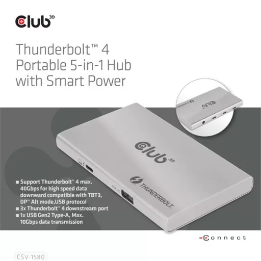 Club 3D USB Hub - CSV-1580 (Thunderbolt 4 to 3x Thunderbolt 4, 1x USB Gen2 Type-A, 100W DC, Max. 10Gbps)