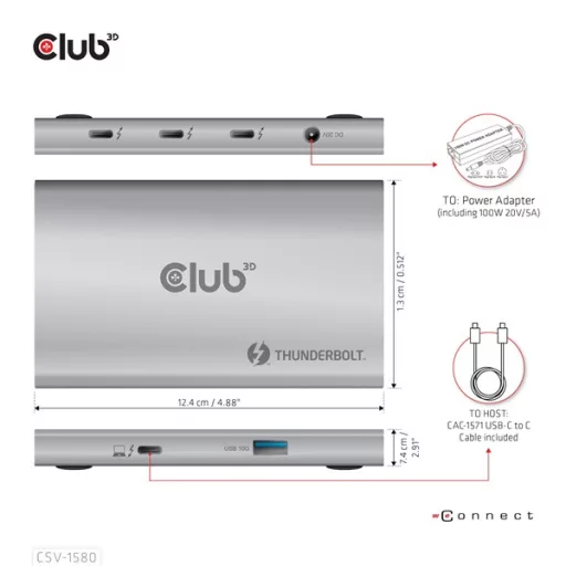 Club 3D USB Hub - CSV-1580 (Thunderbolt 4 to 3x Thunderbolt 4, 1x USB Gen2 Type-A, 100W DC, Max. 10Gbps)